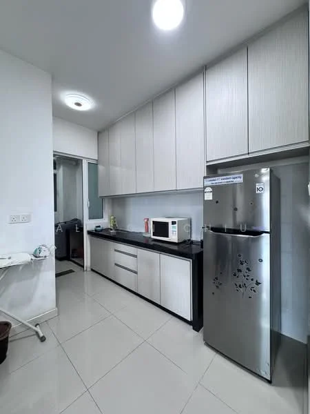Kitchen features: white laminate cabinetry, black granite countertop, stainless-steel fridge, built-in microwave, ceramic tile flooring, recessed downlights, single-bowl stainless-steel sink, chrome pull-down faucet, wall-mounted cabinets, open shelving, kitchen island, laundry area visible; style: modern.