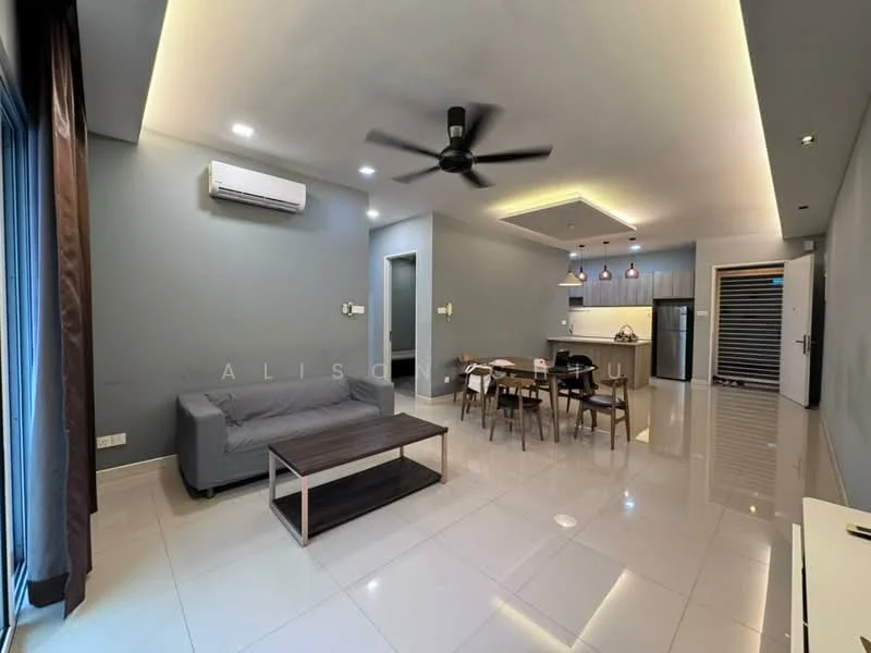 Living features: grey painted walls, white ceiling with recessed lighting, 5-blade ceiling fan with light, large windows with sheer curtains, polished ceramic tile flooring, sofa in grey fabric, wooden coffee table, dining table with 4 chairs, wall-mounted air conditioning unit, open layout to kitchen, decorative wall art; style: modern. Kitchen features: kitchen island with bar seating, stainless-steel fridge, built-in oven, freestanding range oven, white cabinetry, black countertop, pendant lighting above island; style: modern.