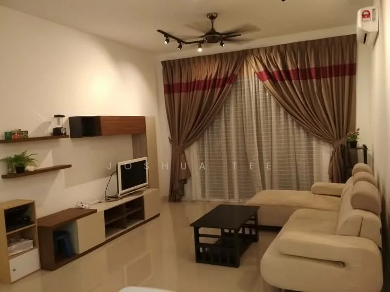 Living features: beige L-shape sectional sofa, black coffee table, wall-mounted TV, wooden TV console, shelves with decorative plants, curtains with red accents, floor-to-ceiling windows, recessed downlights, 1 wall-mounted split AC, glossy tile flooring; style: modern.