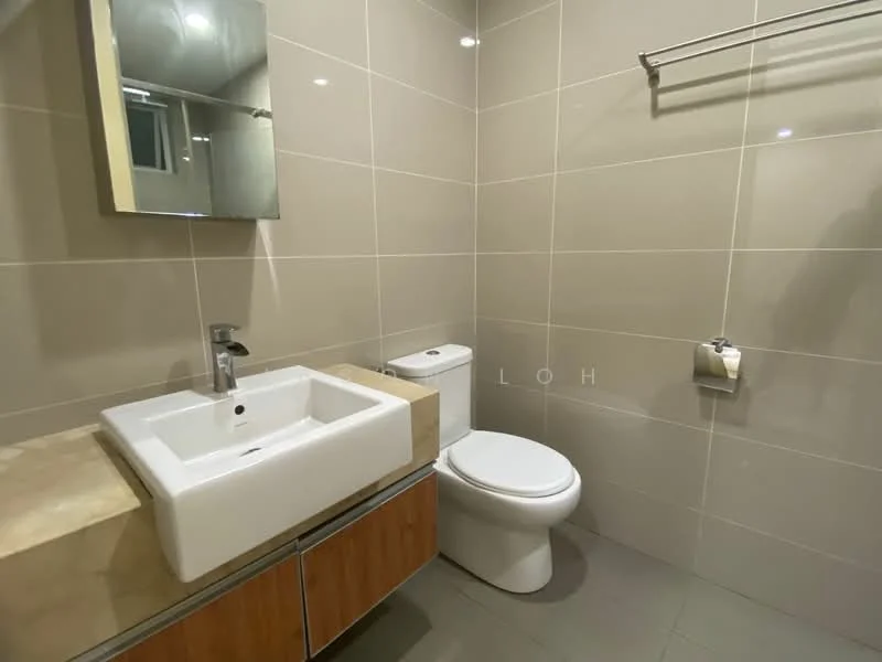 Bathroom features: white ceramic toilet, single-sink vanity with stone countertop, square ceramic sink, chrome basin mixer faucet, wall-mounted mirror, grey tiled walls, grey tiled flooring, towel rack, toilet paper holder; style: modern.