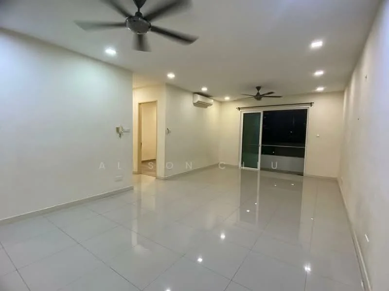 Living features: white painted walls, glossy ceramic tile flooring, 2 ceiling fans, recessed LED downlights, sliding glass door, floor-to-ceiling windows, balcony access, air conditioning unit; style: modern.