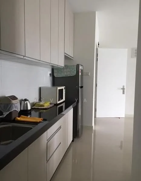 Kitchen features: laminate cabinetry in light wood finish, black granite countertop, single-bowl stainless-steel sink, chrome pull-down faucet, built-in microwave, stainless-steel fridge, kettle, tile backsplash, ceramic tile flooring, white walls, recessed downlights; style: modern.