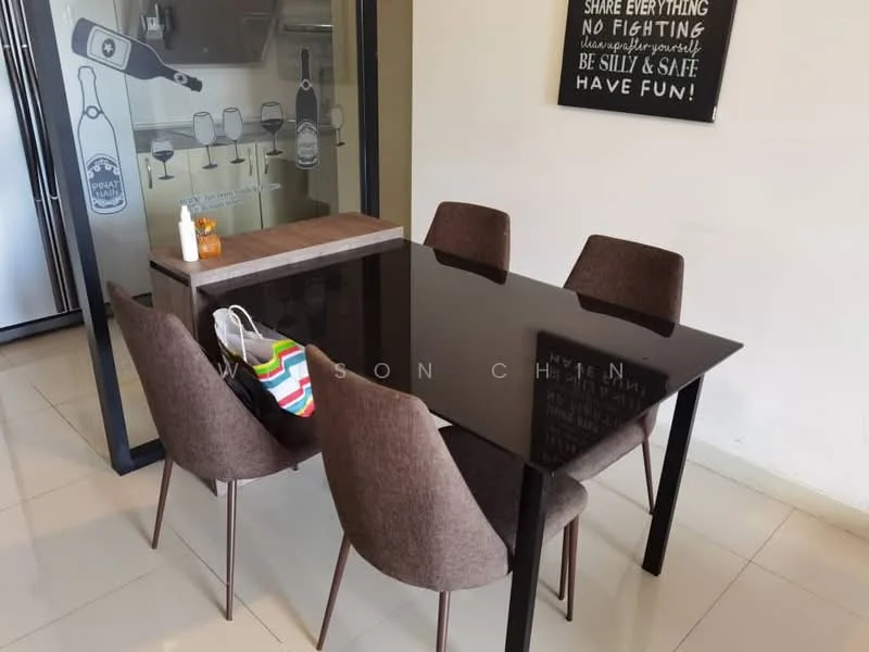 Dining features: black glass dining table, 4 upholstered dining chairs in brown, white walls, tile flooring, decorative wall art, glass cabinet with wine glasses, colorful tote bag on the table; style: modern.