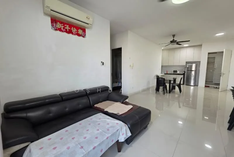 Living features: 3-seater leather sofa in dark brown, white throw blanket on sofa, wall-mounted air conditioning unit, ceiling fan, white walls, glossy tile flooring, dining table with 4 chairs, kitchen area visible in background, refrigerator visible in kitchen, light fixture on ceiling; style: modern. Kitchen features: white cabinetry, stainless-steel refrigerator, countertop with space for appliances, open layout to living area; style: modern.