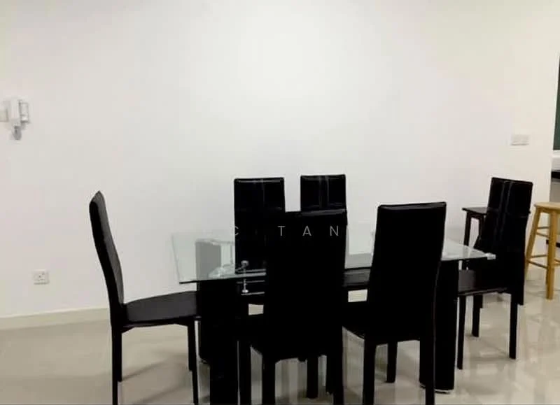 Dining features: glass dining table, 6 black dining chairs, white painted walls, polished tile flooring, window with natural light, minimalist decor; style: modern.