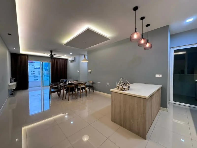 Kitchen features: island countertop with wood finish, pendant lights above countertop, white glossy tile flooring, grey painted walls, recessed ceiling lights, floor-to-ceiling windows, sliding glass door, dining table with chairs, ceiling fan, air conditioning unit; style: modern; view: city. Living features: sofa area, dining area, dark curtains, wall-mounted TV, open layout, decorative wall paneling; style: modern; view: city.