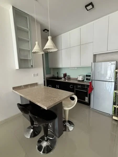 Kitchen features: white cabinetry, grey marble countertop, stainless-steel fridge, built-in microwave, ceramic tile flooring, pendant lighting, black and white bar stools, open shelving, kitchen sink, kettle; style: modern.