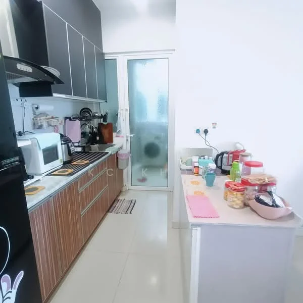Kitchen features: black cabinetry, wood grain lower cabinets, white countertop, stainless-steel sink, chrome pull-down faucet, built-in microwave, freestanding toaster, coffee machine, various kitchen utensils, glass sliding door, tile flooring, white painted walls, recessed lighting; style: modern.
