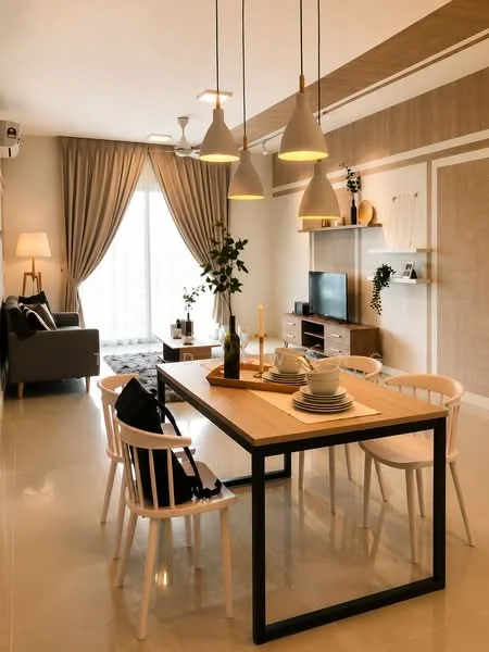 Dining features: 6-seater dining table with wooden top and black metal legs, white dining chairs, pendant lighting with three bulbs, decorative plants on the table, candles on the table, wall-mounted TV, grey fabric sofa, curtains in light beige, floor-to-ceiling windows, light-colored tiled flooring, wall with wood paneling, decorative wall art; style: modern; view: garden.