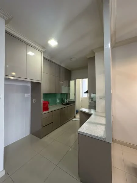 Kitchen features: grey flat-panel cabinets, white quartz countertop, green glass backsplash, built-in oven, stainless-steel range hood, single-bowl stainless-steel sink, chrome pull-down faucet, ceramic tile flooring, recessed LED downlights, wall-mounted cabinet, open shelving, window for natural light; style: modern.