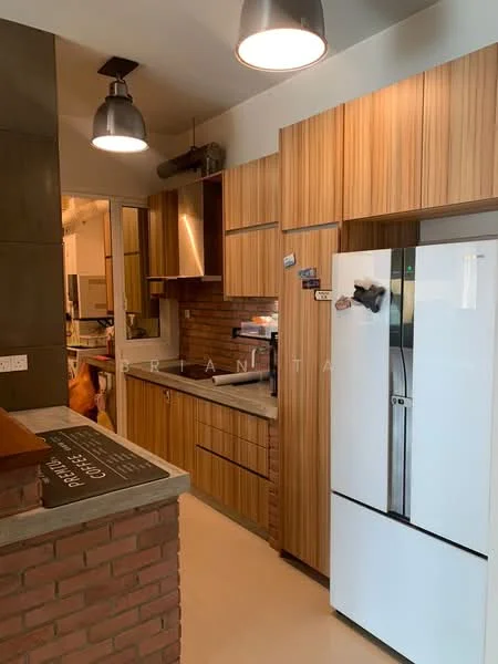 Kitchen features: wood cabinetry with horizontal grain, stainless-steel range hood, built-in oven, freestanding fridge, grey countertop, brick backsplash, single-bowl stainless-steel sink, chrome pull-down faucet, pendant lighting, open shelving, tile flooring; style: modern.