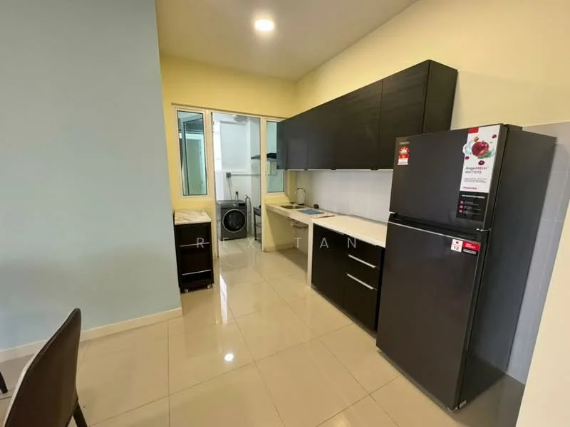 Kitchen features: black cabinetry, white countertop, stainless-steel fridge, built-in oven, ceramic tile flooring, single-bowl stainless-steel sink, chrome pull-down faucet, window above sink, washing machine, light fixture, open layout, neutral wall color; style: modern.