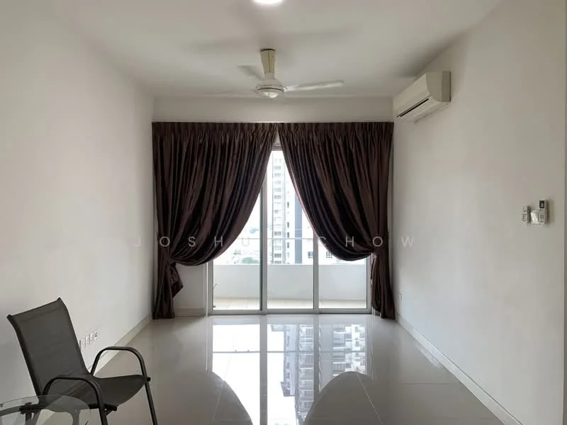 Living features: white painted walls, glossy tile flooring, 5-blade ceiling fan with light, floor-to-ceiling sliding glass door, dark brown curtains, air conditioning unit, black metal chair; style: modern; view: city.