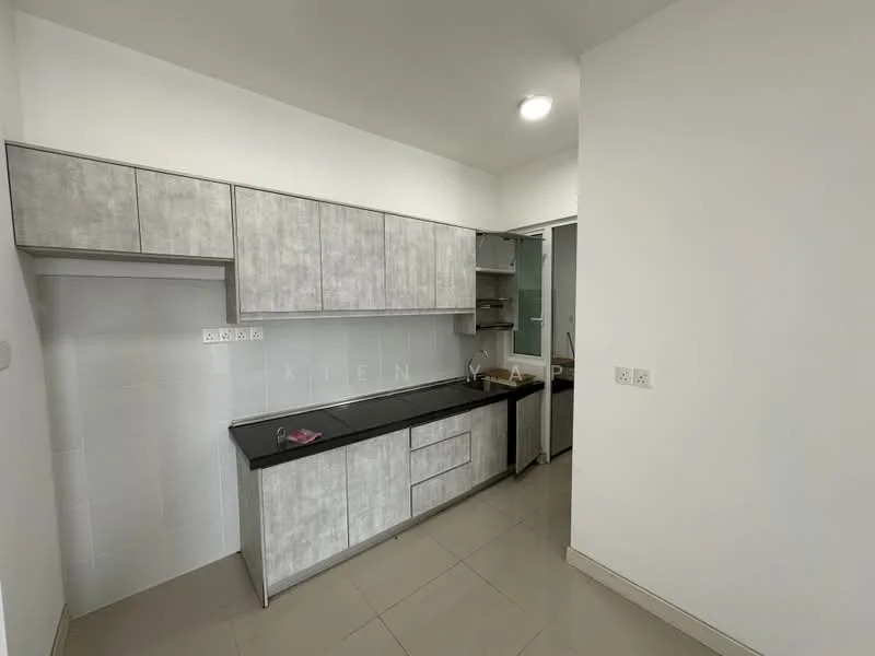 Kitchen features: grey laminate cabinetry, black granite countertop, single-bowl stainless-steel sink, chrome pull-down faucet, built-in oven, ceramic tile backsplash, white tiled walls, grey tiled flooring, recessed downlights, open shelving, kitchen window, space for refrigerator; style: modern.