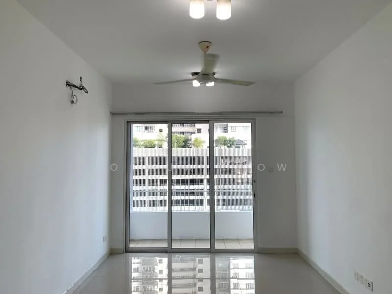 Living features: white painted walls, polished tile flooring, 5-blade ceiling fan with light, sliding glass door, floor-to-ceiling windows, natural light from windows, curtain rod installed, balcony view; style: modern; view: city.