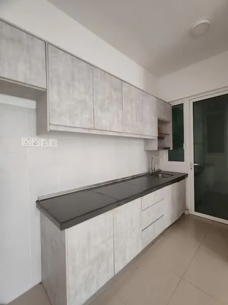 Kitchen features: grey laminate cabinetry, black granite countertop, single-bowl stainless-steel sink, chrome pull-down faucet, white tiled backsplash, ceramic tile flooring, floor-to-ceiling windows, sliding glass door; style: modern.