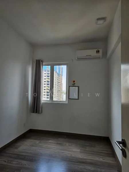 Room features: white painted walls, wooden flooring, 1 wall-mounted split AC, floor-to-ceiling window, grey curtains, ceiling light, decorative wall art, small wall-mounted frame; style: modern; view: city.