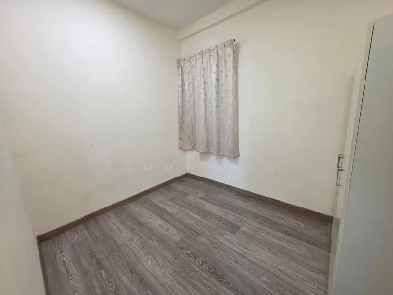 Room features: light wood laminate flooring, white painted walls, single window with sheer curtains, built-in wardrobe, no visible furniture.
