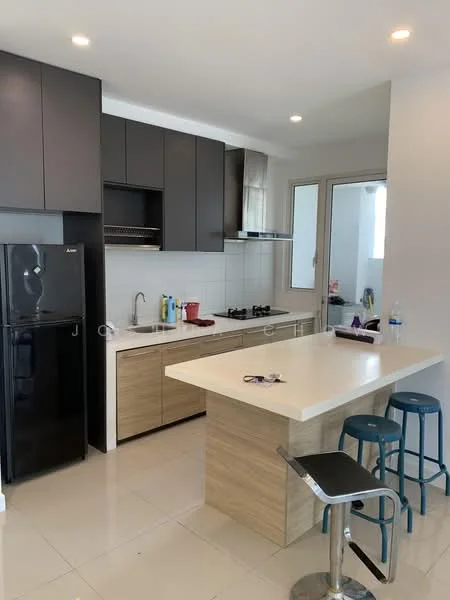 Kitchen features: black refrigerator, stainless-steel sink, chrome pull-down faucet, white countertop, wood cabinetry, black gas hob, built-in oven, tile backsplash, pendant lighting, bar stools, open layout, floor-to-ceiling windows, white tiled flooring; style: modern.