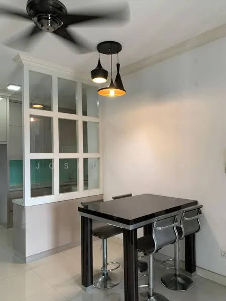 Dining features: black dining table, 4 chrome bar stools, pendant lighting with black shades, 5-blade ceiling fan with light, white painted walls, glossy tile flooring, glass partition, kitchen area visible in background; style: modern.