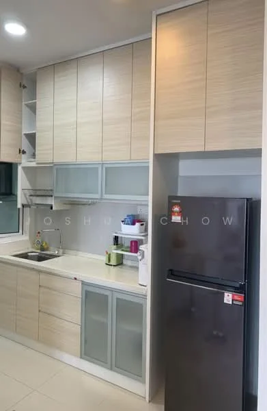 Kitchen features: light wood cabinetry, white countertop, single-bowl stainless-steel sink, chrome pull-down faucet, built-in oven, freestanding fridge in black, ceramic tile flooring, glass-front upper cabinets, open shelving, recessed downlights; style: modern.