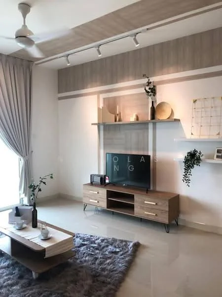 Living features: 5-blade ceiling fan with light, grey area rug, wooden coffee table, wooden TV console, wall-mounted TV, decorative wall shelf, framed artwork, curtains, decorative plants, accent wall with wood paneling, recessed lighting; style: modern.