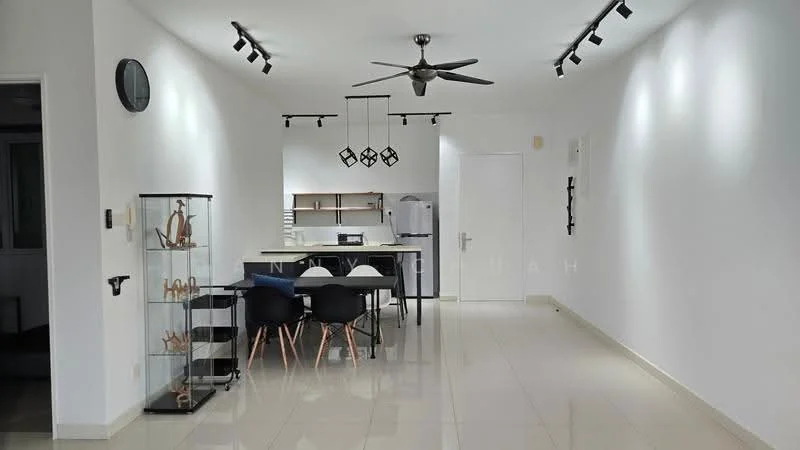 Living features: white painted walls, polished ceramic tile flooring, 5-blade ceiling fan with light, track lighting, dining table with black chairs, glass display cabinet, refrigerator, open kitchen layout, wall-mounted clock; style: modern.