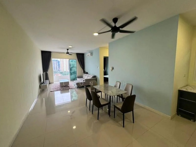 Living features: cream painted walls, light grey accent wall, marble tile flooring, 5-blade ceiling fan with light, floor-to-ceiling windows, blackout curtains, sofa, dining table with 6 chairs, area rug, wall-mounted air conditioning unit; style: modern; view: city.