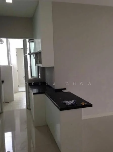 Kitchen features: black granite countertop, white cabinetry, single-bowl stainless-steel sink, chrome pull-down faucet, built-in oven, ceramic tile flooring, wall-mounted cabinets, open shelving, window for natural light, neutral painted walls, recessed lighting; style: modern.