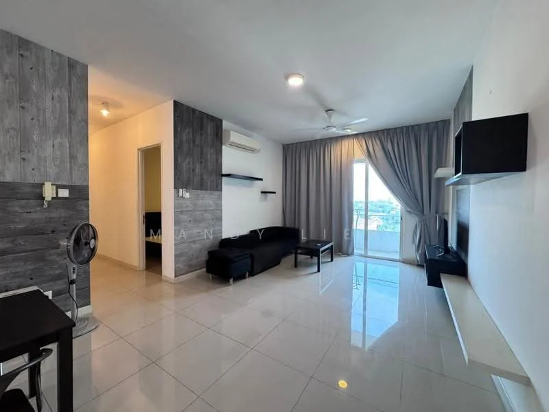 Living features: grey accent wall, white painted walls, polished ceramic tile flooring, 5-blade ceiling fan with light, sofa in black fabric, wall-mounted TV, floating TV console, floor-to-ceiling windows, curtains in light grey, dining table for two, air conditioning unit; style: modern; view: city. Room features: white painted walls, polished ceramic tile flooring, doorway leading to another room.