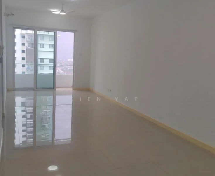 Room features: white painted walls, glossy tile flooring, 5-blade ceiling fan, floor-to-ceiling windows, sliding glass door, natural light from windows, neutral color scheme; style: modern; view: city.
