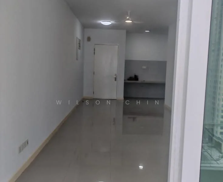 Room features: white painted walls, glossy tile flooring, ceiling light, ceiling fan, open layout, kitchenette area with countertop, door leading to another room, neutral color scheme; style: modern.