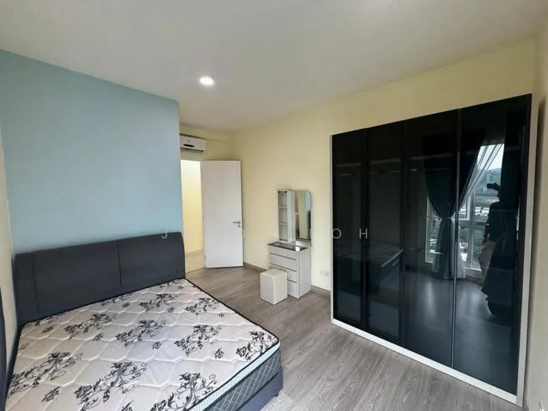 Bedroom features: queen-size bed with floral-patterned mattress, black glass wardrobe, white bedside table, dressing table with mirror, laminate flooring, light blue accent wall, white painted walls, floor-to-ceiling windows with curtains, wall-mounted split AC, recessed downlights; style: modern; view: city.