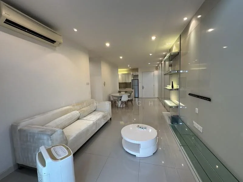 Living features: white fabric sofa, round coffee table, wall-mounted TV, glass shelving unit, grey tiled flooring, recessed LED downlights, wall-mounted air conditioning unit, neutral painted walls; style: modern. Kitchen features: stainless-steel fridge, built-in oven, kitchen cabinetry, grey tiled flooring; style: modern.