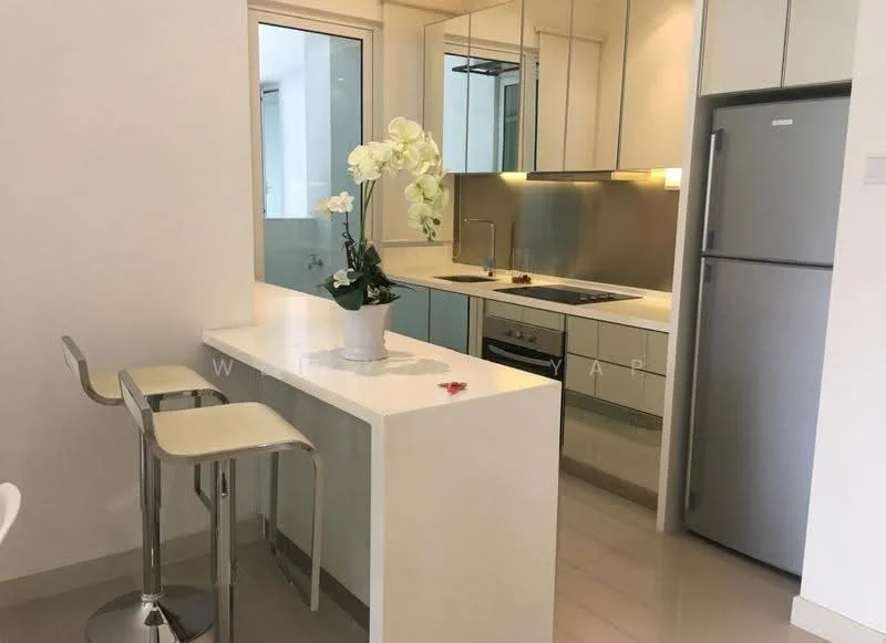 Kitchen features: white cabinetry, stainless-steel appliances, built-in oven, 4-burner gas hob, stainless-steel fridge, white quartz countertop, single-bowl stainless-steel sink, chrome pull-down faucet, mirror backsplash, bar stools, pendant lighting, open layout, tile flooring, window with natural light; style: modern.