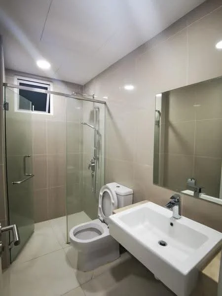 Bathroom features: glass shower enclosure, rain shower head, handheld shower, single-sink vanity with square basin, chrome basin mixer, framed mirror, one-piece toilet, light grey tiled walls, light grey tiled flooring, recessed LED downlights, window for natural light; style: modern.