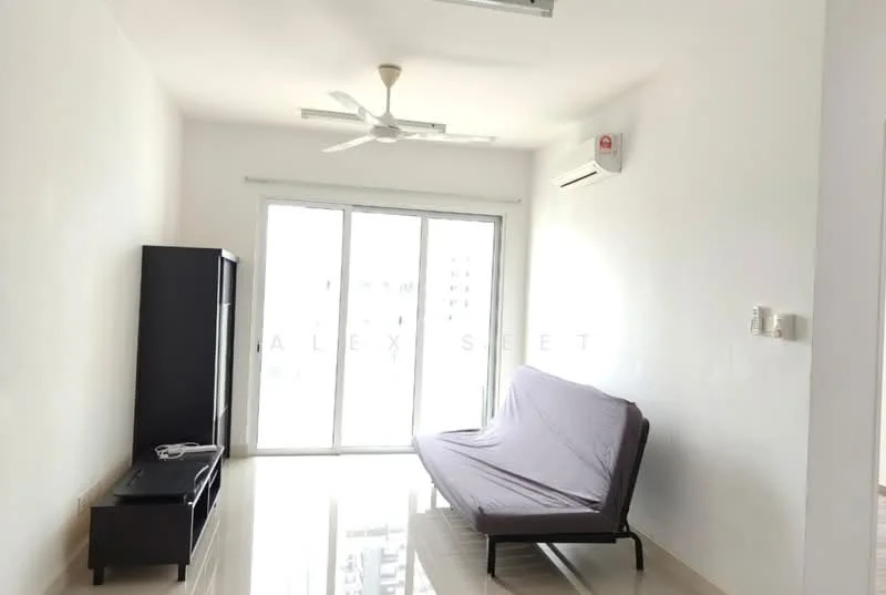 Living features: white painted walls, polished tile flooring, 5-blade ceiling fan, wall-mounted split AC, sofa bed in grey, TV console, floor-to-ceiling windows, sliding glass door; style: modern; view: city.