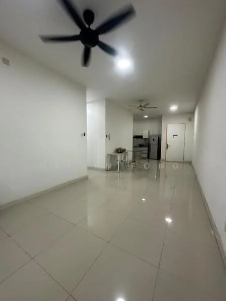 Room features: white painted walls, glossy ceramic tile flooring, 2 ceiling fans, recessed lighting, open layout, kitchen area visible in background, neutral color scheme, no visible furniture; style: modern.