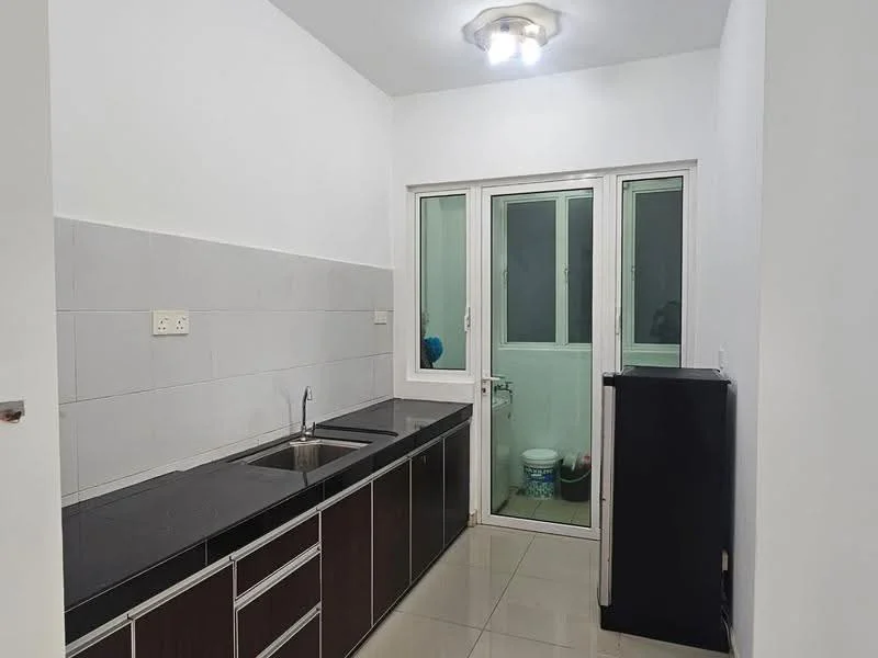 Kitchen features: black granite countertop, double-bowl stainless-steel sink, chrome pull-down faucet, dark wood cabinetry, white tiled backsplash, white painted walls, ceramic tile flooring, recessed ceiling light, floor-to-ceiling windows, sliding glass door, view of utility area; style: modern.