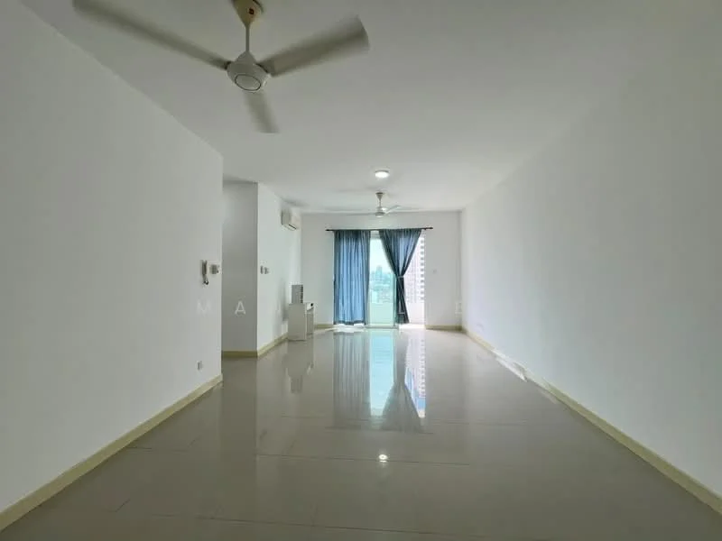 Living features: white painted walls, polished ceramic tile flooring, 5-blade ceiling fan with light, floor-to-ceiling windows, sliding glass door, curtains, air conditioning unit, natural light; style: modern; view: city.