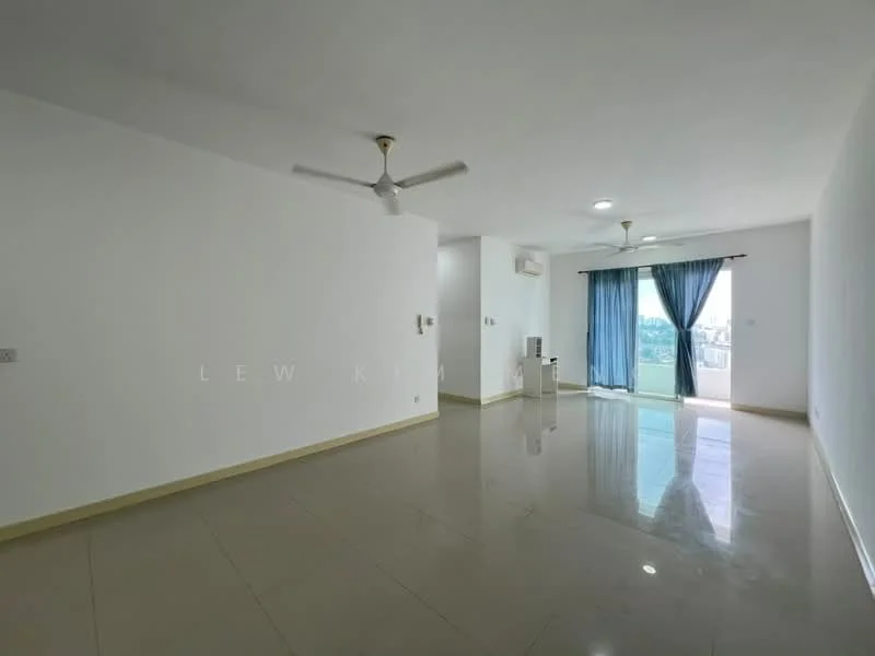 Living features: white painted walls, polished ceramic tile flooring, 5-blade ceiling fan with light, recessed LED downlights, floor-to-ceiling sliding glass door, curtains in blue, air conditioning unit, open layout; style: modern; view: city.