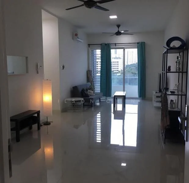Living features: white painted walls, polished tile flooring, 5-blade ceiling fan with light, floor-to-ceiling windows, sheer curtains, sofa in grey fabric, coffee table, TV console, wall-mounted TV, decorative wall shelf, standing lamp, area rug; style: modern; view: city.