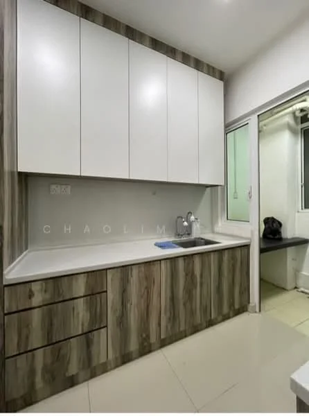 Kitchen features: white upper cabinets, wooden lower cabinets with grain pattern, white countertop, single-bowl stainless-steel sink, chrome pull-down faucet, tile backsplash, window with view to exterior, floor tiles in cream color, built-in appliances, under-cabinet lighting; style: modern.