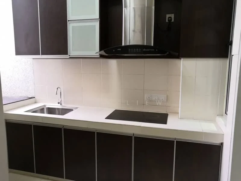 Kitchen features: single-bowl stainless-steel sink, chrome pull-down faucet, granite countertop, white tiled backsplash, dark wood cabinetry, built-in oven, stainless-steel range hood, 4-burner gas hob, wall-mounted cabinets, light-colored wall tiles, floor tiles, open layout; style: modern.
