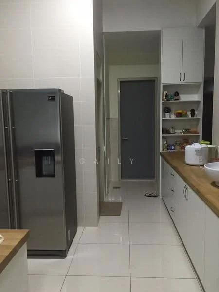 Kitchen features: stainless-steel side-by-side fridge, white cabinetry, wood countertop, ceramic tile flooring, white tiled walls, built-in shelves, grey door, open layout; style: modern.