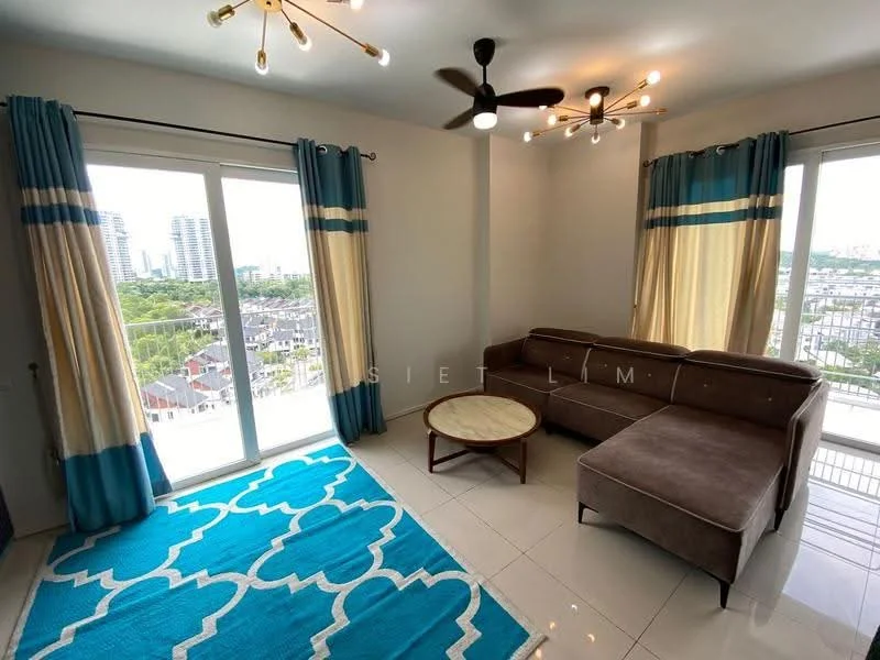 Living features: 3-seater fabric sofa in brown, round coffee table, area rug with geometric pattern in blue and white, floor-to-ceiling windows, curtains with blue and cream stripes, ceiling fan with 5 blades, recessed downlights, glossy tile flooring, city view; style: modern; view: city.