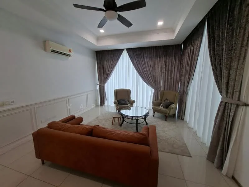 Living features: 3-seater fabric sofa in orange, 2 armchairs in beige, round coffee table with glass top, area rug with neutral color, floor-to-ceiling windows with sheer curtains, drapes in grey fabric, 1 wall-mounted split AC, recessed downlights, crown moulding, white painted walls, tile flooring; style: modern.