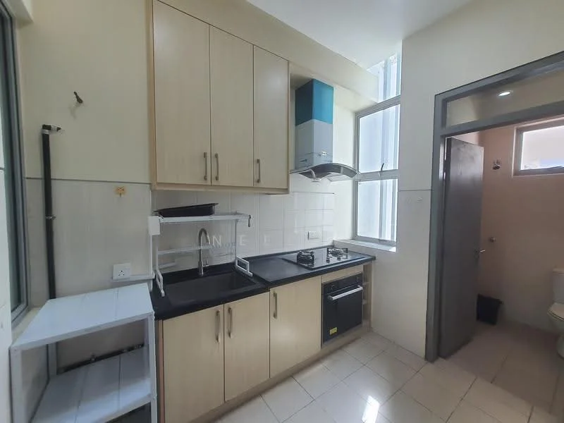 Kitchen features: light wood cabinetry, black countertop, stainless-steel sink, chrome pull-down faucet, built-in oven, freestanding range oven, exhaust hood, ceramic tile flooring, white tiled backsplash, two windows for natural light, open shelving, wall-mounted storage rack; style: modern. Room features: white tiled walls, ceramic tile flooring, toilet visible, door leading to bathroom.