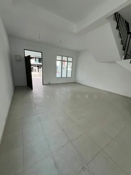 Room features: white painted walls, tile flooring, large windows, double-door entrance, staircase visible, no visible furniture, neutral color scheme, high ceiling; style: modern.