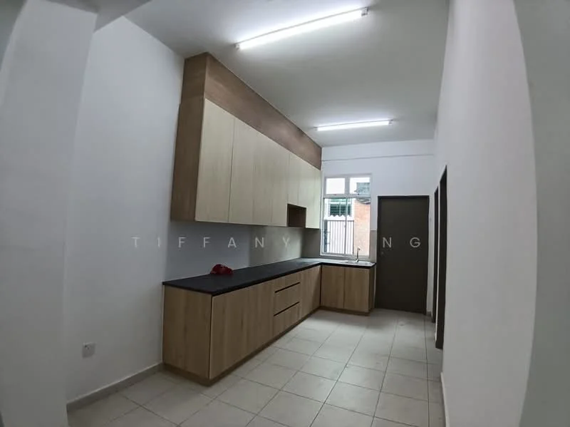 Kitchen features: white painted walls, light grey ceiling, recessed LED downlights, laminate cabinetry in light wood finish, black countertop, stainless-steel sink, single-bowl sink, built-in cabinets, tile flooring in cream, window with view to exterior, door leading to exterior; style: modern.